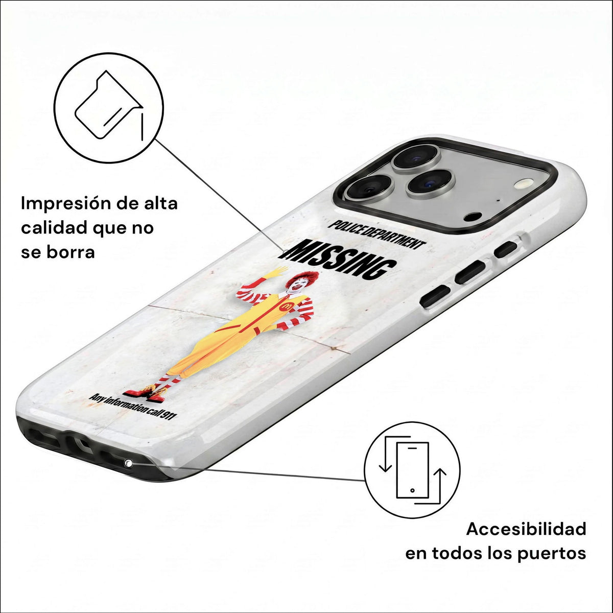 Vista inclinada de la carcasa Missing Clown para iPhone con impresión de alta calidad y acceso a todos los puertos.