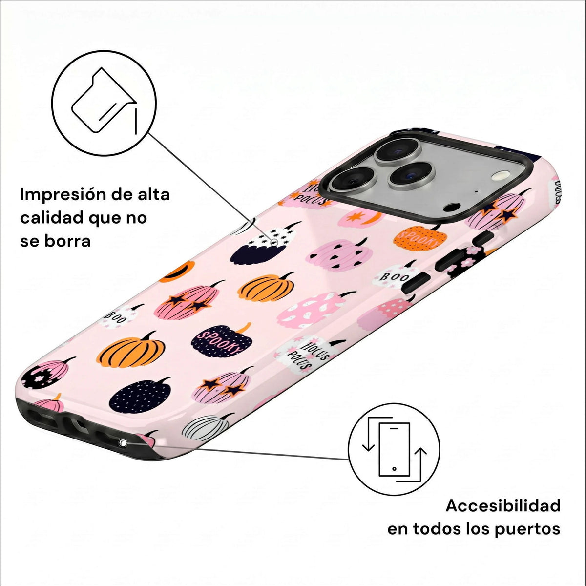 Vista inclinada de carcasa Halloween Cute para iPhone con calabazas rosas y naranjas sobre fondo rosa pastel.
