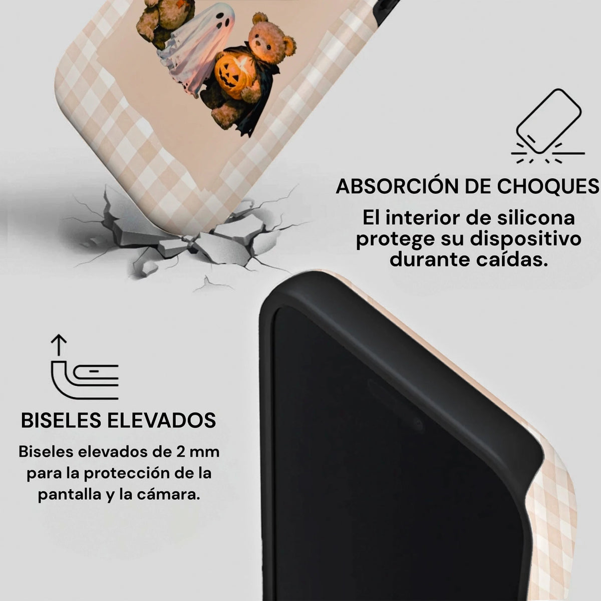 Ilustración de la absorción de impactos y de los biseles elevados de 2 mm de la carcasa Ositos y Fantasmitas para iPhone.