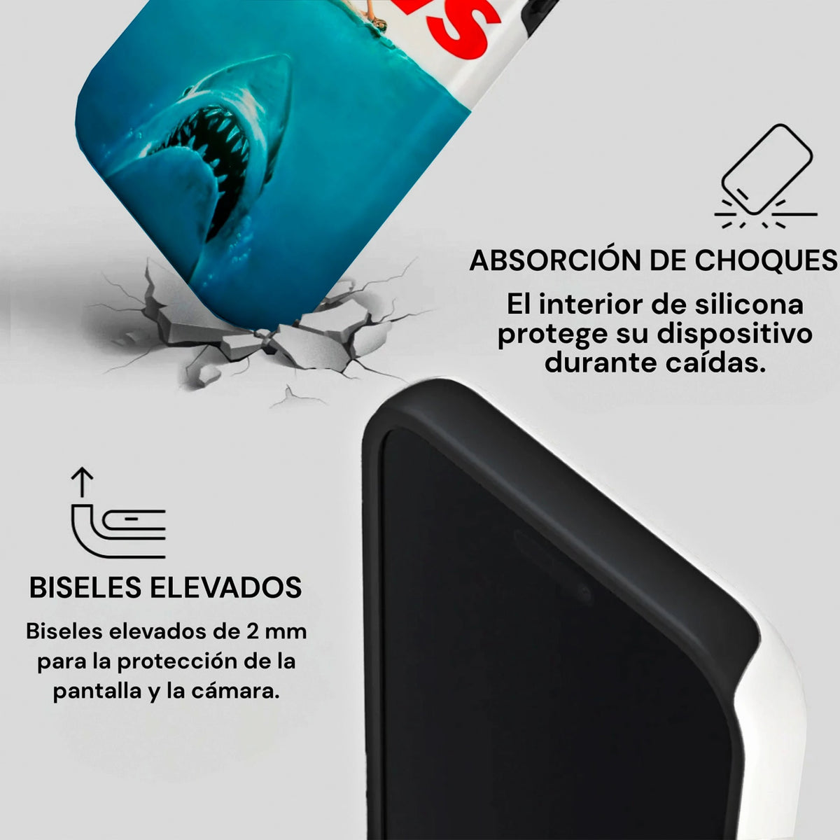 Gráfico de la carcasa JAWS Two Protect que ilustra la absorción de impactos de su interior de silicona y los biseles elevados de protección.
