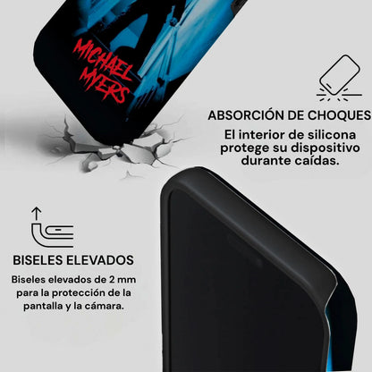 Gráfico de protección de la carcasa Michael Myers Two Protect que muestra la absorción de impactos y los biseles elevados.
