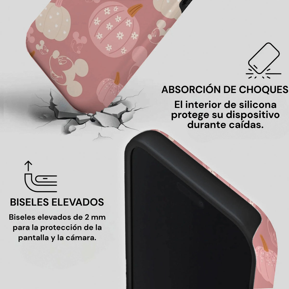 Detalle de carcasa antigolpes para iPhone pumpkin dreams con bordes elevados y protección para pantalla y cámara.