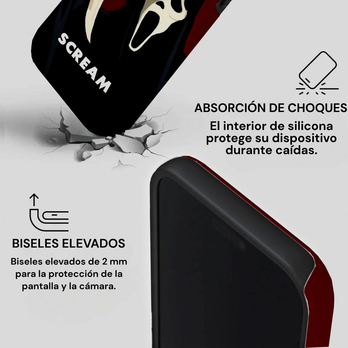 Imagen informativa de carcasa SCREAM para iPhone mostrando absorción de impactos y biseles elevados de protección.