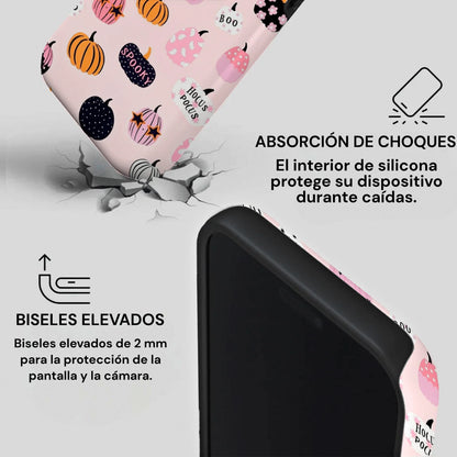 Detalle de carcasa antigolpes Calabazas Hechizadas con bordes elevados y protección interior de silicona.