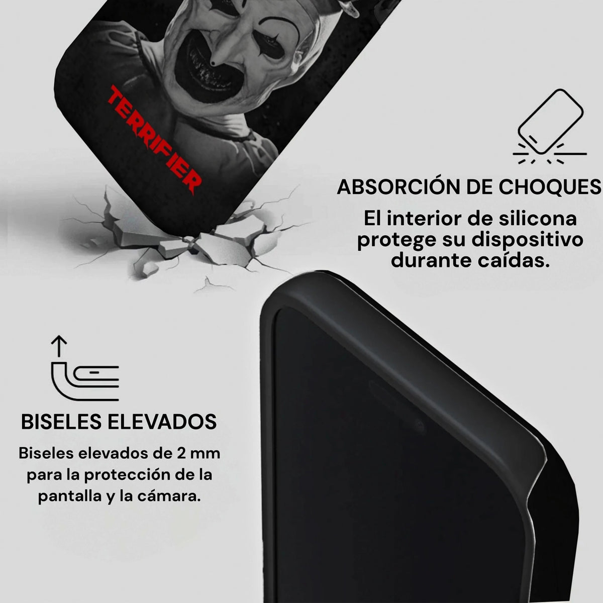 Imagen informativa de carcasa TERRIFIER para iPhone mostrando absorción de choques y biseles elevados.