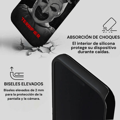 Imagen informativa de carcasa TERRIFIER para iPhone mostrando absorción de choques y biseles elevados.