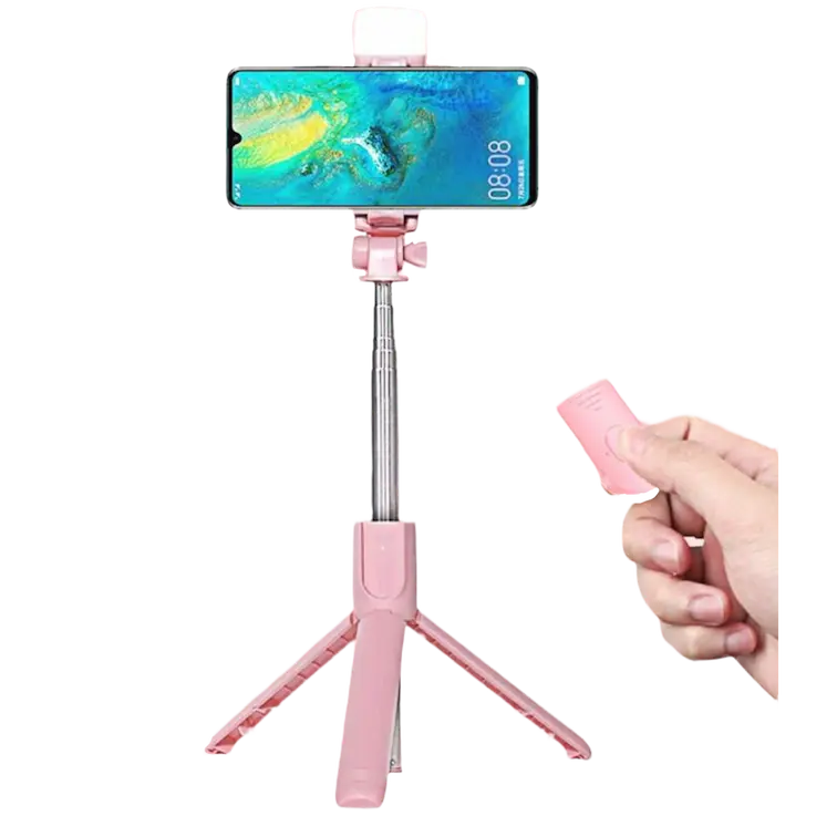 Palo selfie extendido y usable con muestra del uso del control por bluetooth