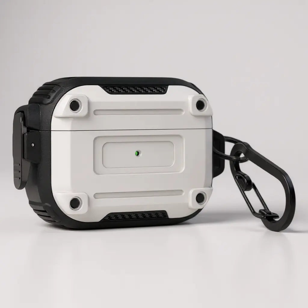 Vista frontal de la caja resistente para AirPods