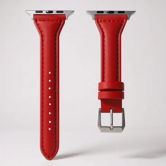 Pulsera Leather en color rojo - muestra frontal con resalte de los materiales