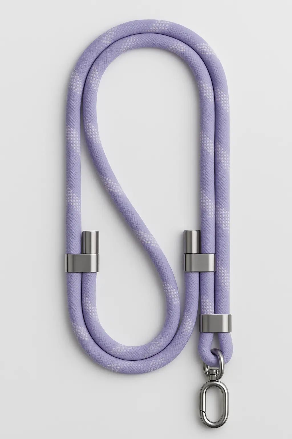 Muestra de los agarres y slots de ajuste del tirante de hombro para celular en color lila